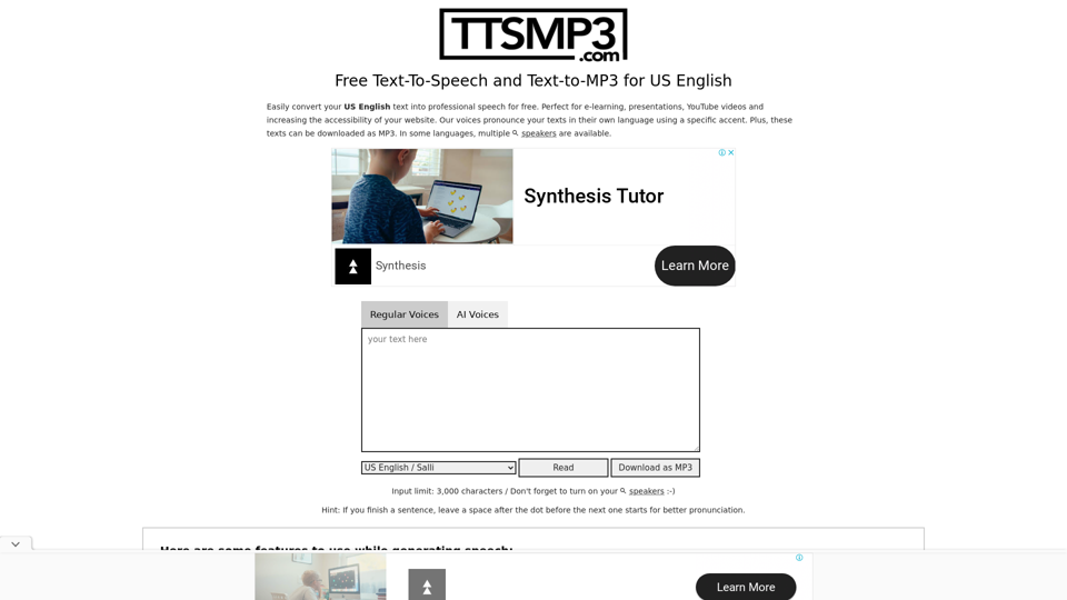 Free Text-To-Speech for 28+ languages & MP3 Download | ttsMP3.com
