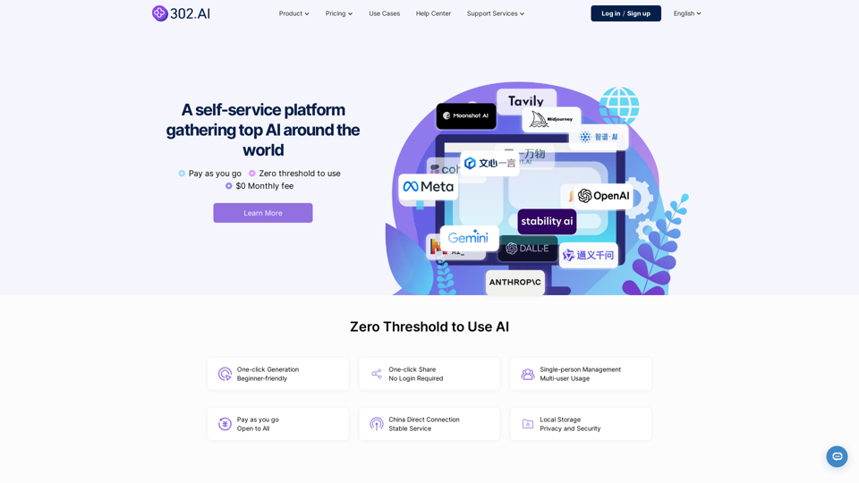 302 AI - Global AI Supermarket for Top Brands, Zero Monthly Fee, Pay as You Go, Fully Open