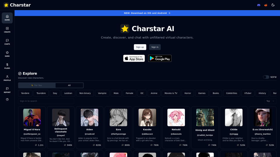 Charstar AI - Chat with Customizable Virtual Characters and Open-Source AI Solutions