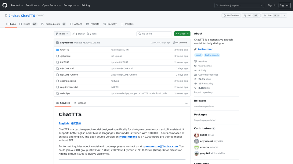 GitHub - 2noise/ChatTTS: ChatTTS is a generative speech model for daily dialogue.