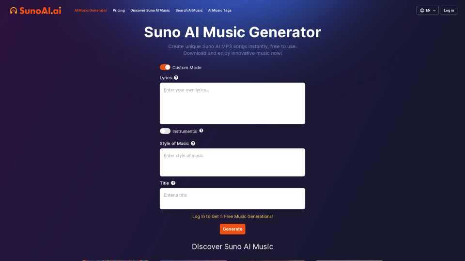 SunoAI.ai 的免費 Suno AI 音樂生成器