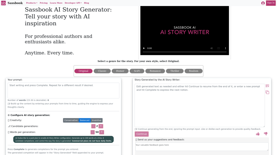 Sassbook AI Story Writer | Best AI Story Generator