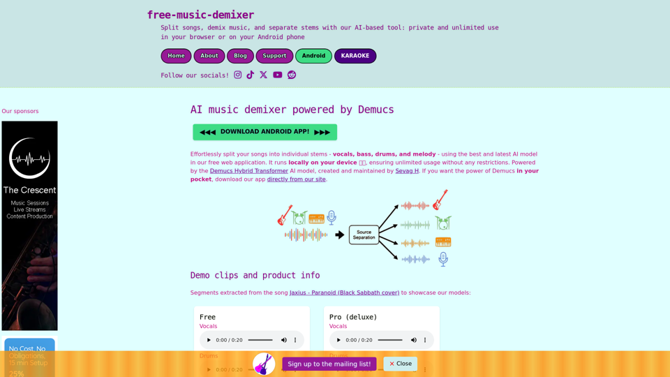 Free Music Demixer | Stem Separation, AI Model, Karaoke & More