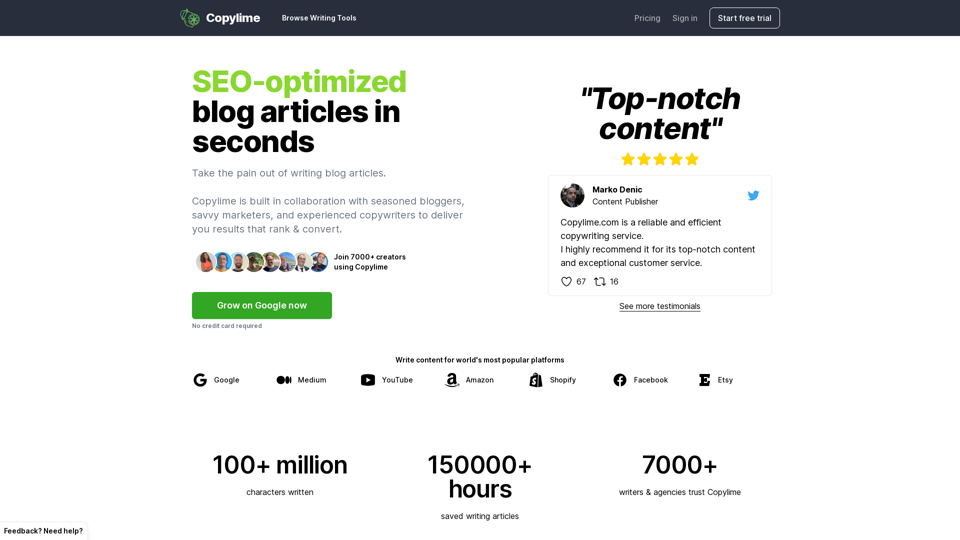 Smart AI Writing Assistant for Copywriting, Content Creation, and SEO Keywords • Copylime
