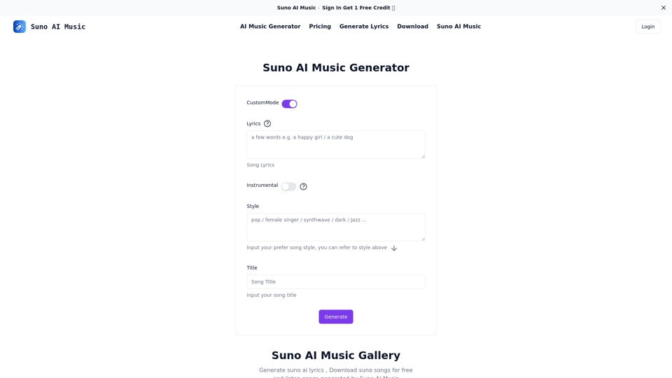 Suno AI Music - Free Music Generation Tool for Creating and Downloading Songs