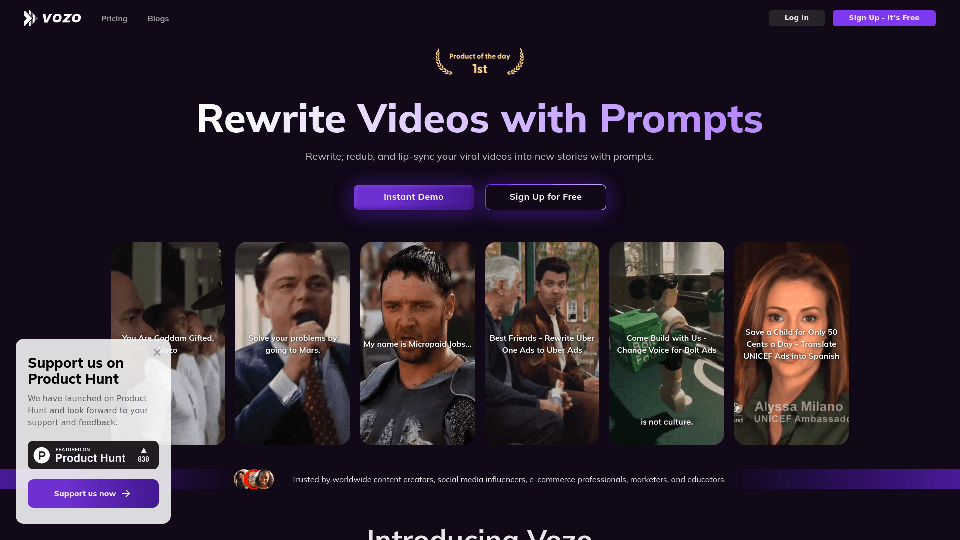 Vozo AI - AI Video Generator | Rewite & Redub Videos with Prompts