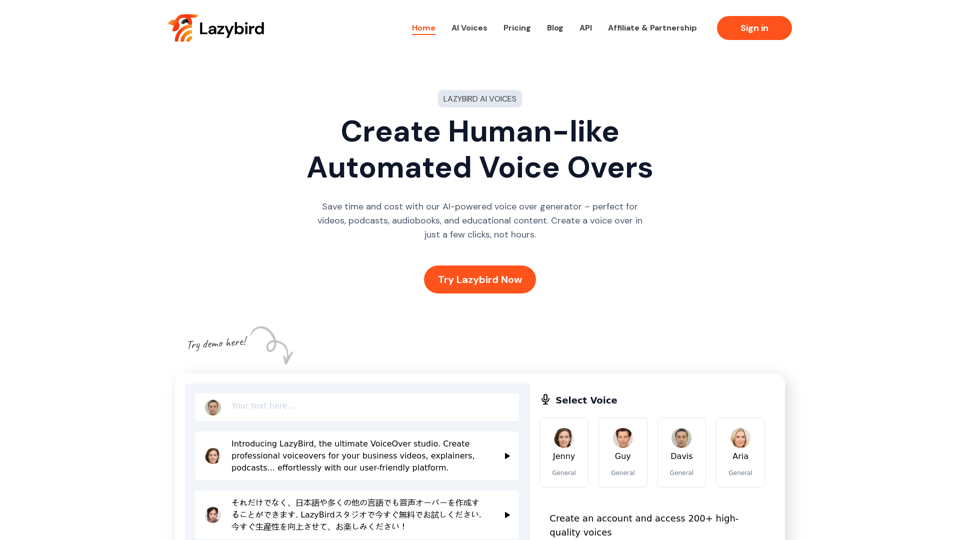 Lazybird - High-Quality Automated Voice Over, AI Voiceovers, Online Speech Maker & Text-to-Speech Solutions