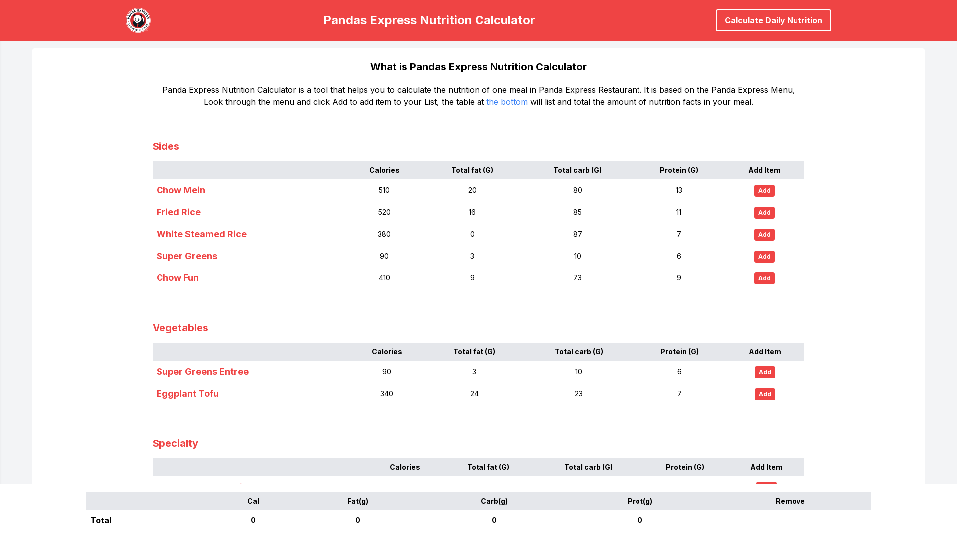 Pandas Express Nutrition Calculator