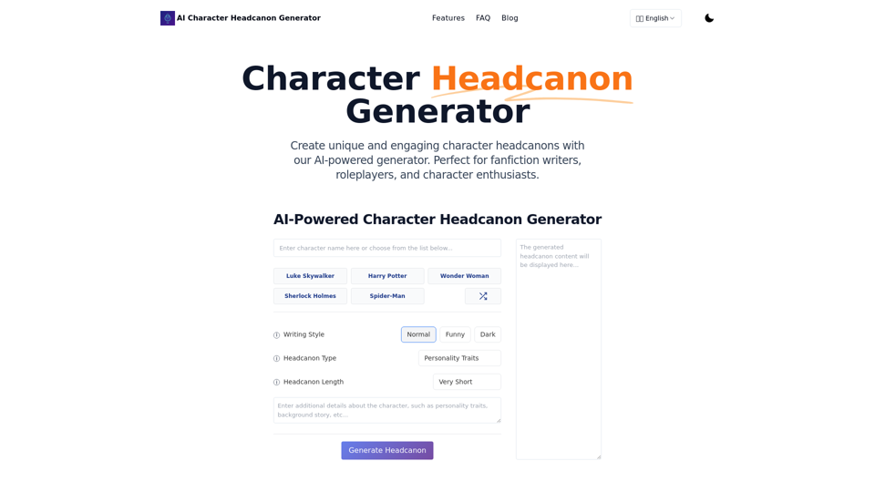 Character Headcanon Generator - Funcionalidades